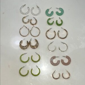 Elegant Hoop Earring Set - Gold, Silver, Green, Pearl